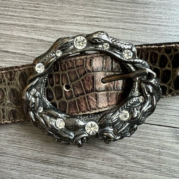 Chunky Italian Leather Brown Bedazzled Buckle Boho Belt Donald J Pliner Size XL - Picture 3 of 6
